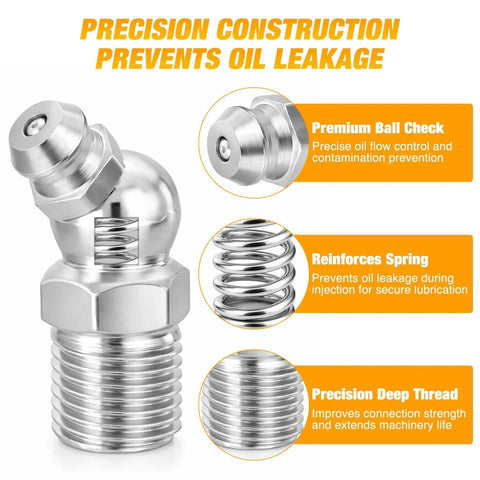 Close-up of 60 Piece Zerk Grease Fittings Kit With Straight 45 90 Degree Angles In M6 M8 M10 highlighting premium construction