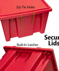 Nest And Stack Plastic Storage Totes Set Of 3, Built-Tough Red Distribution Bins With Secure Lids showing zip tie holes