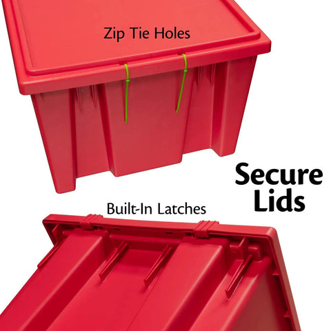 Nest And Stack Plastic Storage Totes Set Of 3, Built-Tough Red Distribution Bins With Secure Lids showing zip tie holes