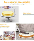 12 Inch Aluminum Cake Turntable Decorating Stand With Rotating Cake Stand Go To Kit For Cakes And Pastries Including Leveler Icing Comb Set 8 Pro Grade Decorating Tips Reusable Coupler And 10 Disposable Pastry Bags, featuring a cake cutter and angled spatula for smooth icing application.