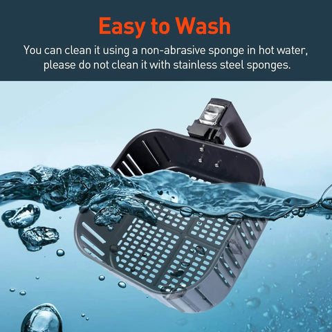 Replacement 5.8 Quart Air Fryer Basket For CP158 AF CS158 AF CO158 AF Models submerged in water showcasing nonstick design