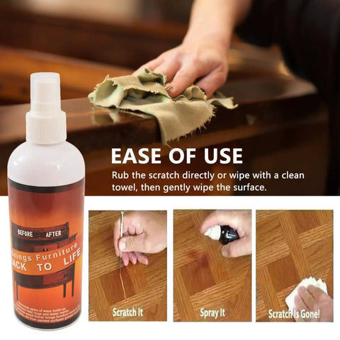 Wooden Repair Spray Quick Fix Scratch Remover For Tables Beds Floors 120Ml Instant Repair Paint shown in use on wood surface