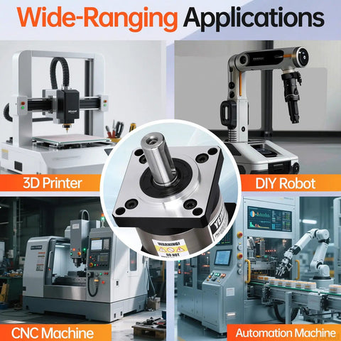 Ten To One Planetary Gearbox For Nema 23 And 24 Stepper Motors shown with 3D printer, DIY robot, CNC, automation machine applications