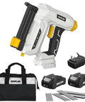 Pro Grade 20V Cordless 18Gauge Brad Nailer And Electric Staple Gun Kit with two rechargeable battery packs and charger.