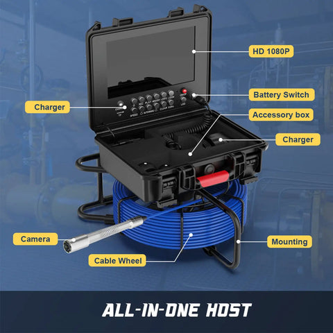 Tough As Nails 17Mm Pipeline Inspection Camera With Seamless Wireless Link And Real Time Recording For Quick Sewer Mapping and routine drain maintenance on any job site, featuring adjustable camera and portable case.