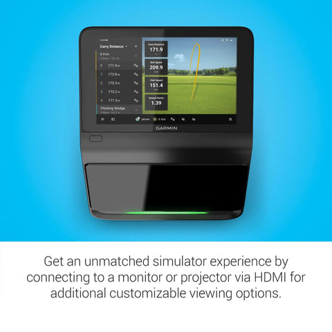 Front view of Approach R50 Pro Grade Golf Launch Monitor And Simulator with 10 inch color touchscreen showing golf data.