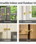 Beefy 4 Inch Satin Brass Hook And Eye Latch installed on doorway, window, cabinet, and shed for versatile use.