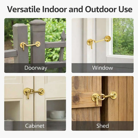 Beefy 4 Inch Satin Brass Hook And Eye Latch installed on doorway, window, cabinet, and shed for versatile use.