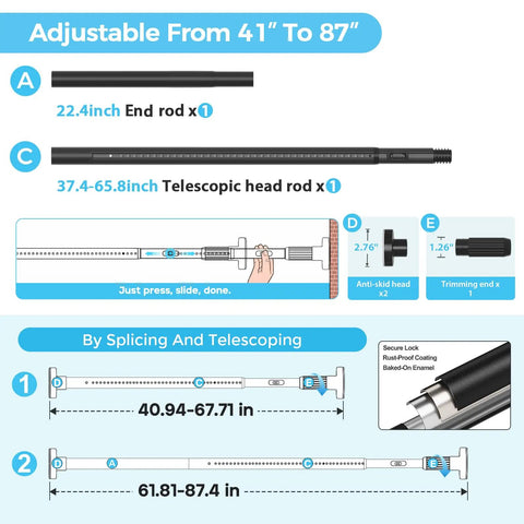Diagram of No-Drill Adjustable Tension Curtain Rod For 41-86 Inch Windows showing parts, sizes, and assembly instructions.