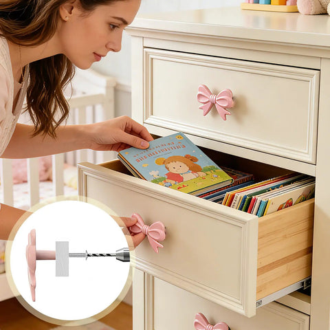 Pink Bow Drawer Knobs 10 Pack Bow Tie Shaped Zinc Alloy Vintage Style Dope Furniture Pulls on white dresser drawer