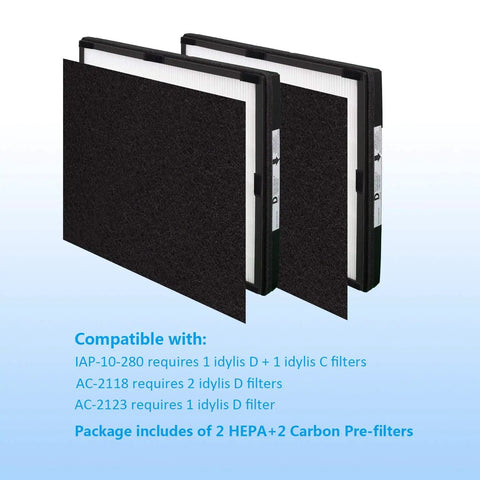 H13 True HEPA Replacement D Filter For Idylis Air Purifier Models IAP-10-280 AC-2118 AC-2123 with 2 HEPA and 2 Carbon Filters
