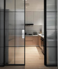 Stainless Steel Sliding Barn Door Pull Handle Set With Geometric Contemporary Look on glass kitchen door, surface-mounted installation