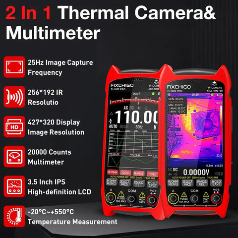 2 In 1 Thermal Imaging And Multimeter Camera With 256x192 Infrared Sensor, 3.5 Inch LCD, 427x320 Image Resolution, dual view display