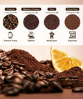 Top Shelf Electric Coffee Grinder And Spice Mill Featuring A Hella Quick 150 Watt Motor Plus Razor Sharp Stainless Steel Blades For Roasted Beans Fresh Herbs Whole Spices And Nuts Boss Cleaning Kit Included coffee grind textures options with roasted beans and orange slice.