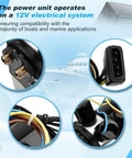 12V Marine Hydraulic Power Unit With Two Solenoid Valves Replacement Part For Bennett Marine Systems Beefed Up Boat Grade Hydraulic Pump Easy Plug In Upgrade For Vessel Hydraulics close-up view with electrical system connectors and cables