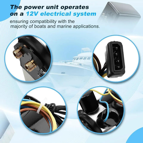 12V Marine Hydraulic Power Unit With Two Solenoid Valves Replacement Part For Bennett Marine Systems Beefed Up Boat Grade Hydraulic Pump Easy Plug In Upgrade For Vessel Hydraulics close-up view with electrical system connectors and cables