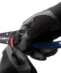 Compact Japanese Made Wire Stripper With Screw Cutter For Small Gauge Wires, 6.4 Inch Length, being used by gloved hands