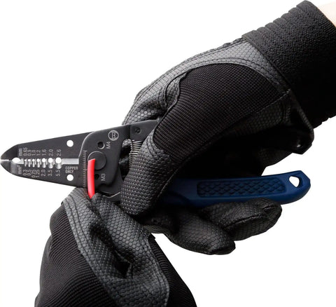 Compact Japanese Made Wire Stripper With Screw Cutter For Small Gauge Wires, 6.4 Inch Length, being used by gloved hands