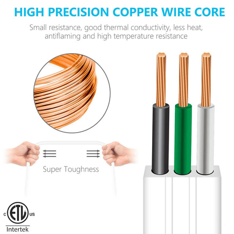 Copper wire cores with high conductivity in the 12ft Twin Extension Cord Power Strip With 6 Outlets On Each Side, ETL Listed.