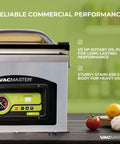 VacMaster VP230 chamber vacuum sealer, front view; stainless steel body with black control panel, logo visible.