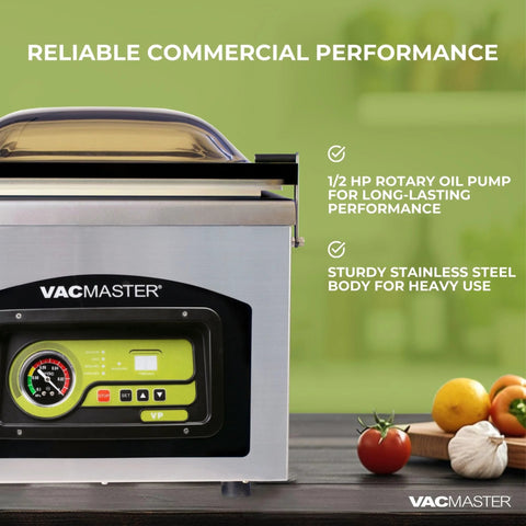 VacMaster VP230 chamber vacuum sealer, front view; stainless steel body with black control panel, logo visible.