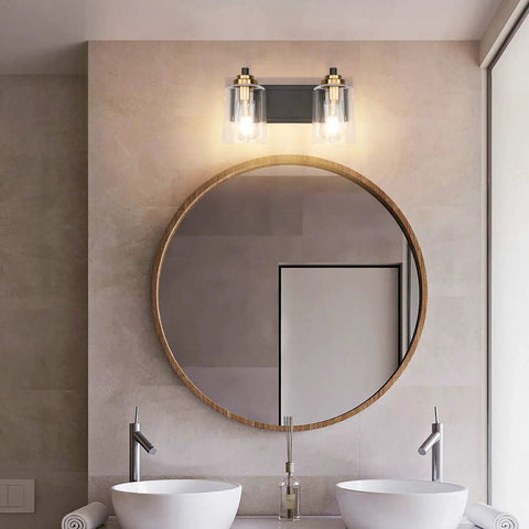 Installed 20.1 Inch Black Vintage Bathroom Vanity Light With Modern Glass Globe Shade Brass Wall Lamp Two Light Fixtures