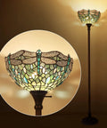 Dragonfly Tiffany Style Floor Lamp With Stained Glass Shade LED Uplight Torchiere Bronze Base 67 Inch Tall Sea Blue Finish