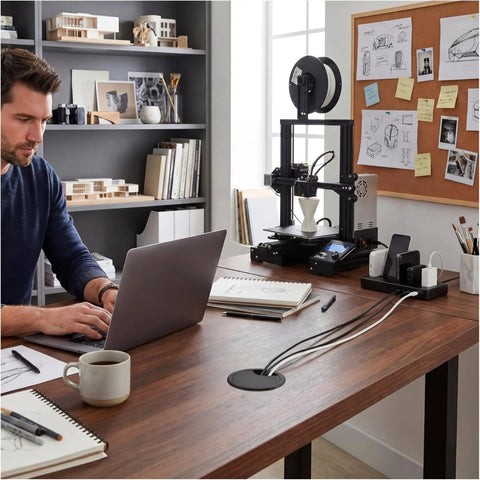 Man sitting at desk using laptop with 10 Pack Black Desk Cable Grommets for Easy Wire Management, 1.5 Inch Size visible