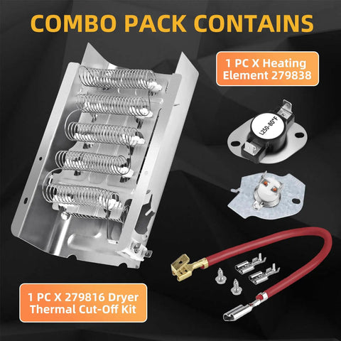 Dryer Heating Element Replacement For Maytag Whirlpool Includes 279838 Replacement Element And 279816 Thermal Cut Off Kit Easy Fix