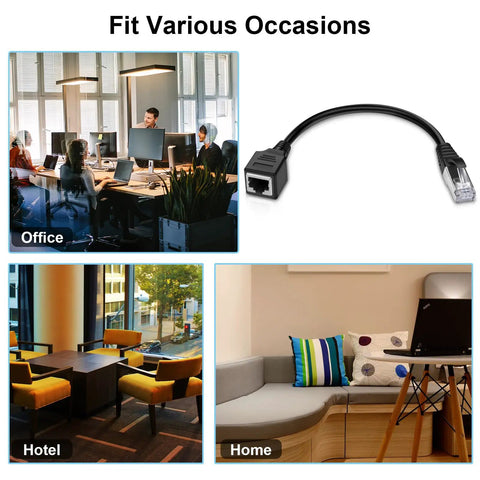 Two Pack Ethernet Extension Cables Cat6 Patch Cord 1 Ft RJ45 Male To Female Network Cable shown in office, home, hotel use