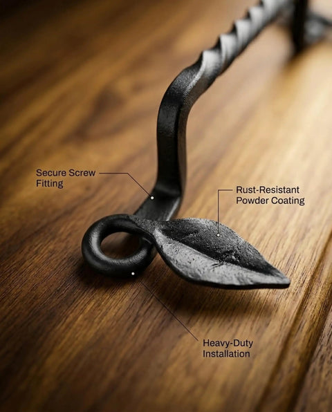 Set Of 2 Hand Forged Wrought Iron Door Pull Handles For Wood Gates Cabinets Farmhouse Barn Doors Black 10 Inch Heavy Duty Rustic Hardware Set Durable For Indoor Outdoor Use Easy Mounting Classic Vintage Farmhouse Decor close-up on wood