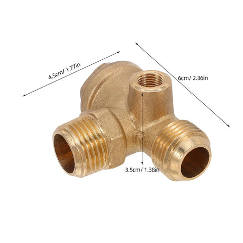 Copper One Way Check Valve For Air Compressors 20mm Connector Quiet Industrial Pro Grade Spare Part With Three Port Tee For Flexible Pipe Connections In Workshop Use Anti Backflow Safety, brass 3-port tee valve with dimensions