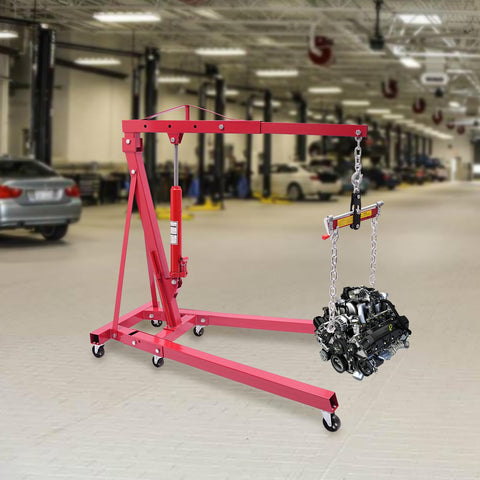Heavy Duty 2 Ton Hydraulic Engine Hoist With Adjustable Boom And Smooth Rolling Casters, Folding Shop Cherry Picker Crane Rated For 4400 Lbs in garage.