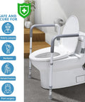 Built Heavy Duty Bathroom Safety Rail For Seniors Featuring Height And Width Adjustable Handles With Thick Padded Foam Grip For Rock Solid Stability Up To 350 Lbs With Zero Drama Installation next to a toilet.
