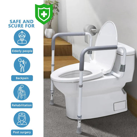 Built Heavy Duty Bathroom Safety Rail For Seniors Featuring Height And Width Adjustable Handles With Thick Padded Foam Grip For Rock Solid Stability Up To 350 Lbs With Zero Drama Installation next to a toilet.