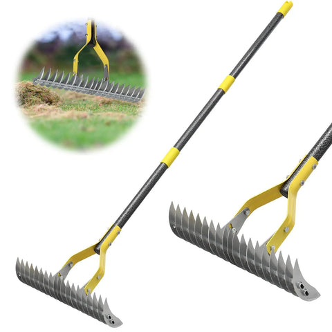 2-In-1 Dethatching Rake For Lawns With Adjustable Head And 55-Inch Heavy-Duty Metal Construction, 19-Tooth Blade