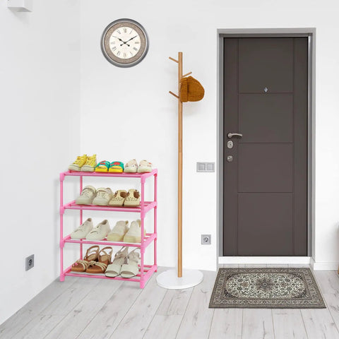 4 Tier Free Standing Shoe Rack For 6 To 8 Pairs Lightweight Stackable Organizer For Entryway Doorway And Closet Kid Friendly Pink Space Saving Solution For Small Spaces shown in room.