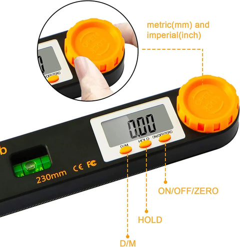 Digital Angle Finder Tool 7 Inch 0 To 360 Degree Protractor with LED display and bubble level, hand adjusting settings