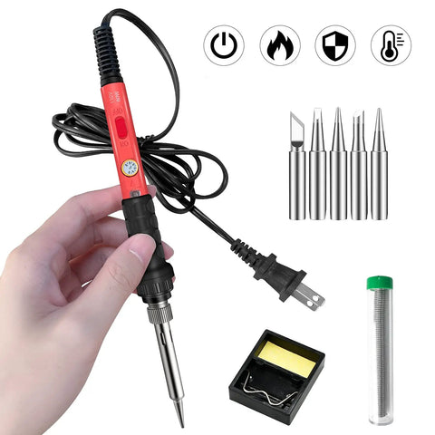 Fast Heating 60W Soldering Kit with 110V Ceramic Heater Iron, Portable Pro Grade Set, replacement tips, stand, and solder tube displayed