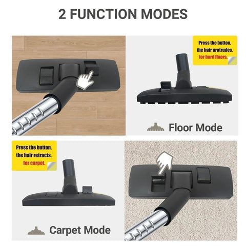 One And One Quarter Inch Vacuum Floor Brush With Two In One Head For Hard Floors And Carpets, Includes 35mm Adapter And Mini Clean Brush, Fits Hoover Eureka Rainbow Shop Vac Bissell Kenmore And Most Brands showing floor and carpet modes with button control.