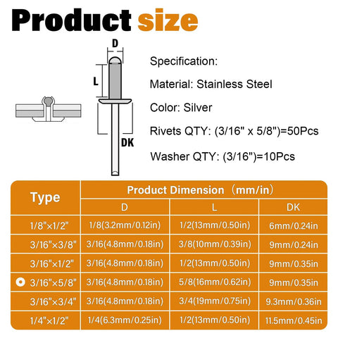 Built Damn Tough Stainless Steel Pop Rivets With Matching Stainless Washers Blind Assortment Kit Three Sixteenths By Five Eighths Pack Of Sixty For Solid Garage Projects And Quick Fixes