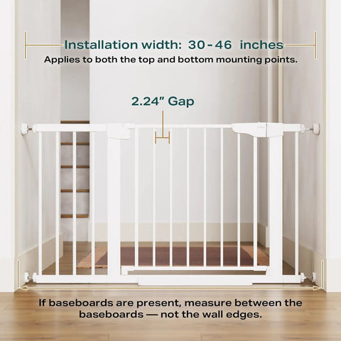 Auto Close Baby Gate For Stairs And Doorways, 30 To 46 Inches, Easy Install Pressure Mounted, Wide Walk Through Opening With One Hand Operation, Mom Approved Safe Gate For Toddlers And Pets, White