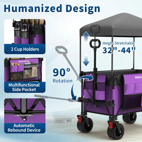 Heavy Duty Collapsible Wagon With Removable Sun Cover, All Terrain Big Wheels And Dual Brakes, Extra Large Grocery Cart