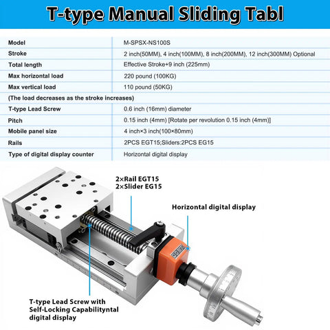 Heavy-Duty Manual Linear Stage With 4 Inch Stroke And 100kg Load, Double Axis T-Type Screw, Sliding Table For CNC and 3D printer