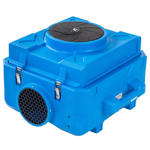 Workhorse 500 CFM HEPA air purifier and negative air scrubber, blue rotomolded plastic, front view, designed for job sites.