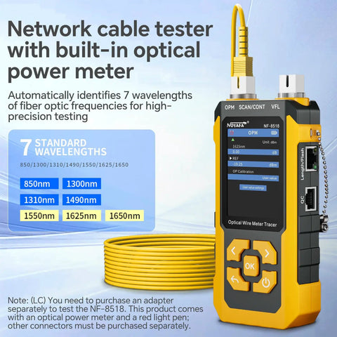 All In One Network Cable Tester With Optical Power Meter And VFL For Tech Pros, Nine Core Functions Like Cable Continuity, Length Measurement, POE Power Testing, Cable Scanning, Port Flashing, NVC Functionality And More. handheld yellow tester with fiber cable and 7 wavelengths