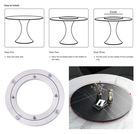 Lazy Susan Turntable With Heavy Duty Metal Bearing 300 400 500 600mm Anti Rust Aluminum Alloy Smooth Ball Bearing Rotation Slip Resistant Swivel Rings Large Kitchen Dining Turn Table Stand 5 Inch 125mm installation steps and diagram