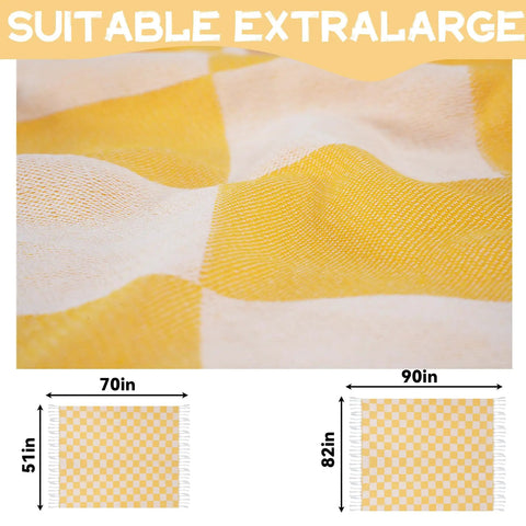 Versatile Turkish Cotton Picnic Blanket For Beach Park And Grass Large Outdoor Mat For Road Trips RV Camping Glamping Travel Essentials Backyard Lounging Cozy Soft Quick Dry All Season Must Have with yellow and white checker pattern