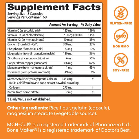 Supplement facts showing ingredients and daily values of Calcium Complex Bone Health Boost For Strong Bones And Muscle Support With Vitamin C D3 K2 Magnesium Zinc Potassium Phosphorus From MCH-Cal Collagen Non GMO 180 Capsules