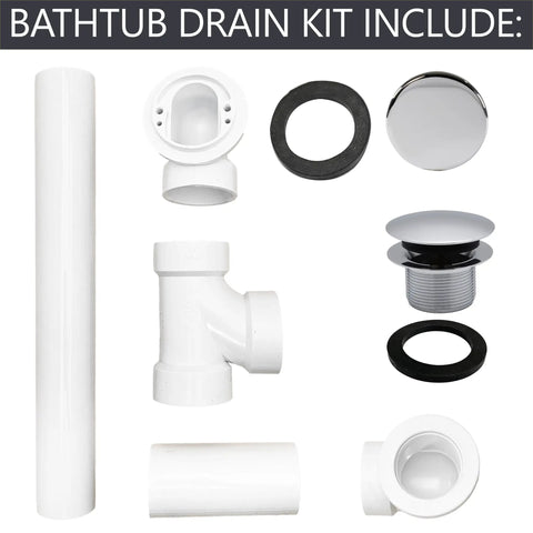 Built Tough Sch 40 Pvc Bath Waste And Overflow Assembly With Slick Illusionary Faceplate And Ada Compliant Toe Touch Drain Plug Polished Chrome Heavy Duty Bulk 12 Pack components including PVC pipes and chrome drain parts.